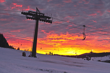 Beautiful sunset in Ramzova ski resort, Czech Republic