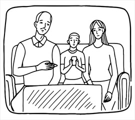 Hand drawn vector illustration. Family sitting at home and watching TV together. Husband, wife and child with a phone. News concept. Black contour drawing isolated on white. Doodle, flat, simple style