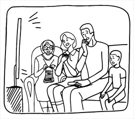 Hand drawn vector illustration. Family sitting at home and watching TV together. Husband, wife, child, grandmother. Shocking news. Black outline drawing isolated on white. Doodle, flat, simple style.