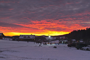 Beautiful sunset in Ramzova ski resort, Czech Republic