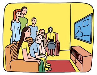 Hand drawn vector illustration. Big family, roommates watch TV at home. Young and old, women and men follow the news together. Colored cartoon drawing isolated on white. Doodle, flat, simple style.