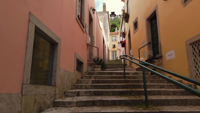Staircase in a typical Portuguese street in Sintra, Portugal. Empty streets during the coronavirus pandemic