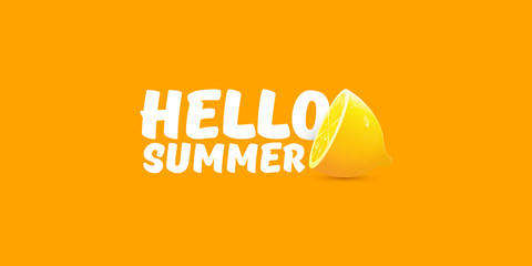Vector Hello Summer Beach Party horizontal banner Design template with fresh lemon isolated on orange background. Hello summer concept label or poster with orange fruit and typographic text.
