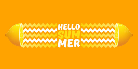 Vector Hello Summer Beach Party horizontal banner Design template with fresh lemon isolated on orange background. Hello summer concept label or poster with orange fruit and typographic text.