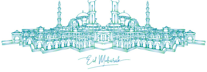 Eid mubarak greeting card premium design. Vector illustration of a mosque in a hand sketch style in a mixed color gradient on a white background. 