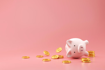 Piggy bank and golden coins on pink background with lost money concept. Financial planning for the...