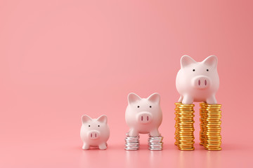 Piggy bank and golden stack coins of three level graph on pink background with saving money...