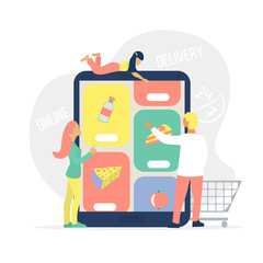 Online grocery shopping concept. Family chooses foodstuff in app supermarket on the tablet . Man, woman and little girl add to card different goods. Cute illustration in flat style.