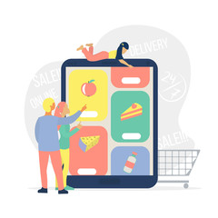 Online grocery shopping concept. Family chooses foodstuff in app supermarket on the tablet . Man, woman and little girl add to card 
different goods.  Cute illustration in flat style.