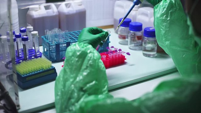 Close up scientist using pipette transfer sample to Micro Centrifuge Tube for PCR test in Biosafety cabinet.	
