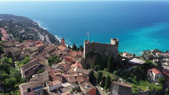 France, Nice, Aerial view of the hilltop village of Roquebrune Cap Martin.