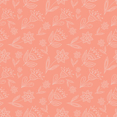 Neutral colors folk floral seamless pattern. Hand drawing vector illustration. Boho flowers and leaves doodles.
