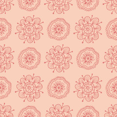 Neutral colors folk floral seamless pattern. Hand drawing vector illustration. Boho flowers and leaves doodles.