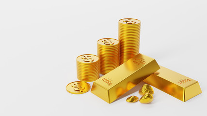 gold bars, gold coins  isolated white background,3d rendering