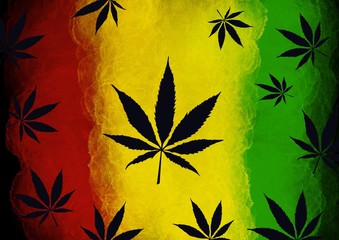 Cannabis leafs illustration on reggae colored background.