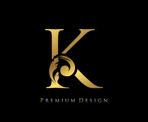 Gold Elegant letter K. Graceful style. Calligraphic beautiful logo. Vintage drawn emblem for book design, wedding logo, letter stamp, Restaurant, Boutique, Hotel.  