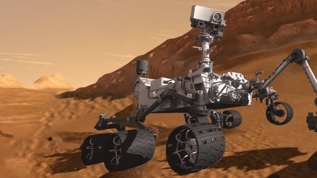 Animation of Mars Exploring Rover surrounded by Red sands and rocks of the Planet Mars Surface. Contains public domain image by NASA