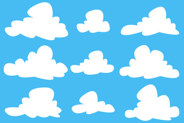 Vector illustration. Set of white clouds of different shapes. Cumulus clouds in the blue sky.