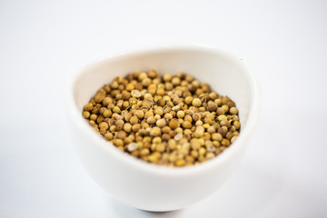 Coriander in a bowl, white background