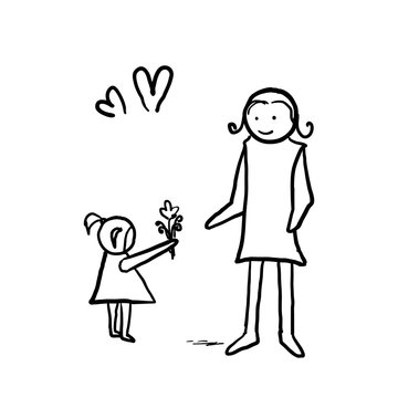 hand drawn the little girl gives flowers to her mother symbol for happy mother day. doodle