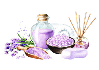 Obraz na płótnie Canvas Spa concept. Bath accessories with lavender flower. Hand drawn watercolor illustration isolated on white background