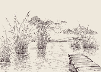 Lake and river peaceful landscape. Wooden pontoon on shore - obrazy, fototapety, plakaty