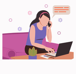Stay and work from home. .Remote work, freelance. Girl with a laptop talking on the phone. A woman works on the sofa. Flat illustration isolated on a white background.