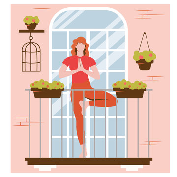 Stay at home. Yoga online on balcony. Sports and training at home remotely in isolation. The girl performs assan. Flat isolation isolated on a white background.