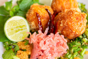 Fermented Pork and Crisp Rice Salad or Yam Naem Khao Tod Recipe,Thai food concept
