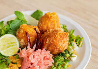 Fermented Pork and Crisp Rice Salad ,Thai food concept