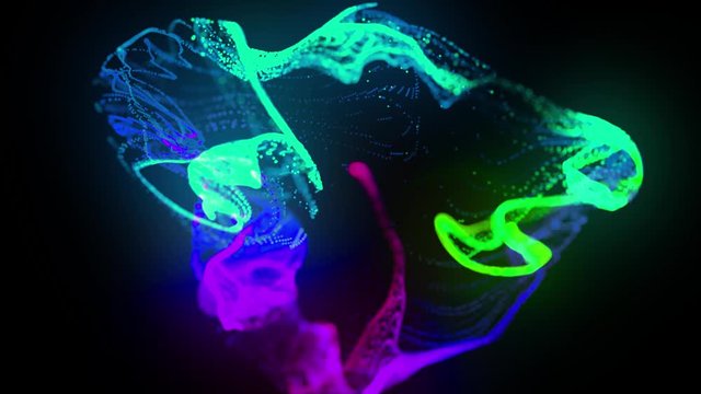 Glow ink change color. Injection of fluorescent amazing ink in water on black background in 4k. 3d render of glow particles like ink flow. Luma matte as alpha channel.
