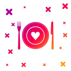 Color Heart on plate, fork and knife icon isolated on white background. Happy Valentine's day. Gradient random dynamic shapes. Vector Illustration