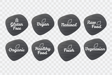 Gluten Free, Vegan, Natural, Raw, Healthy Food, Organic, Fresh, Vegetarian icons. Vector symbol set on transparent background for design, product, sticker, label, logo, shop, menu