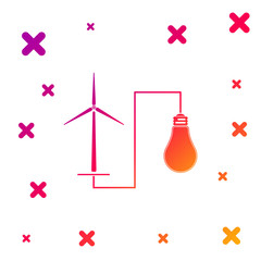 Color Wind mill turbine generating power energy and light bulb icon on white background. Alternative natural renewable energy production using wind mills. Gradient dynamic shapes. Vector Illustration