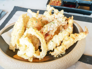 Mix tempura consists of shrimp, squid, kisu fish and vegetable.