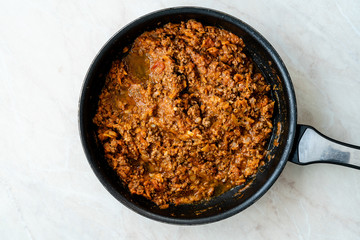 Classic Italian Bolognese Sauce with Minced Meat / Tomato Paste Bolognaise Sauce in Stew Pot.