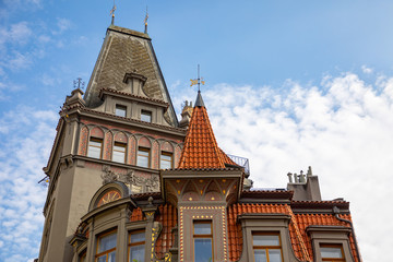 Beautifully decorated residential building on Parizska street in Old Town of Prague in Czech Republic