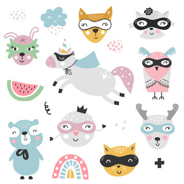 A large set of kids superheroes animals and elements. Vector illustration clip art.