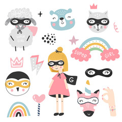 A large set of kids superheroes animals and elements. Vector illustration clip art.