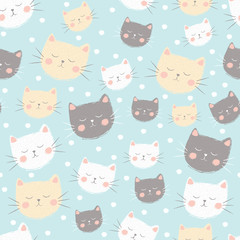 Cute cat faces print with spotty background. Vector repeat. Great for home decor, wrapping, scrapbooking, wallpaper, gift, kids, apparel. 