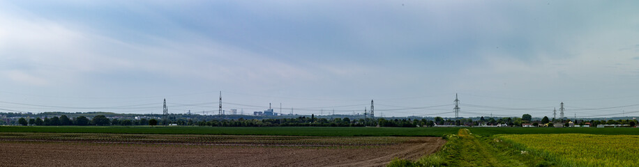 path trough wheat fields, pylons of power lines in the background