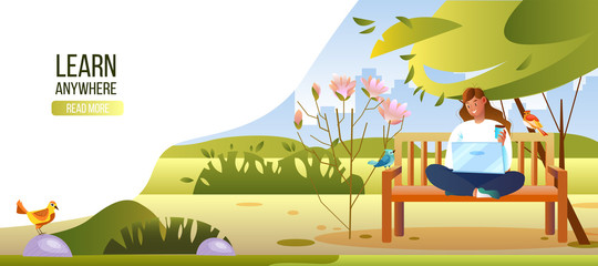 Freelance concept with young girl sitting on the bench in city park with laptop. Banner Learn Anywhere with female student, birds, trees and flowers. Online stock education background in flat style.
