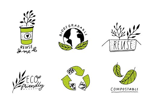 Biodegradable and compostable sign. Reduce, reuse and recycle concept badges for eco friendly packaging. Set of green ecological emblems, line illustration. Craft hand drawn style.