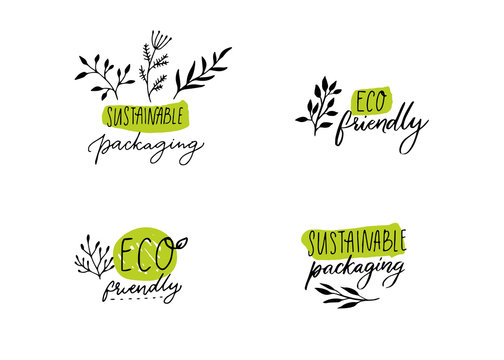 Sustainable packaging labels for eco friendly products. Hand drawing signs with plants branches and leaf. Handwritten style vector badges.
