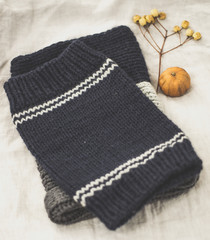 A collection of knitted scarves for cold weather snoods