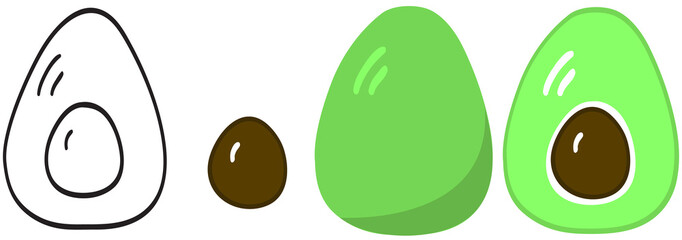 Set of illustrations of colorized avocado, half avocado, stone and outline avocado half