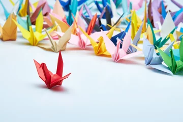 Fotobehang Kraanvogels Red origami crane leading group, shallow depth of field  © Lau