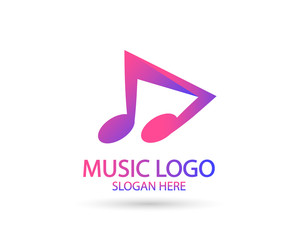 Music logo template. Musical note and vinyl record with play icon vector design. Turntable illustration