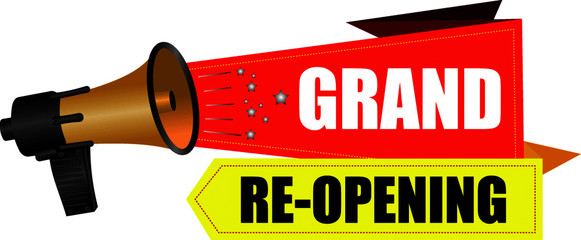 Grand re-opening template, banner, poster. Lettering design element for opening ceremony.
 Retro style typography. Vector vintage illustration.