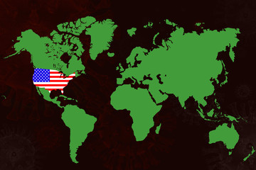 Green world map illustration and highlight at America. Background is Covid-19 disease cell in dark tone.